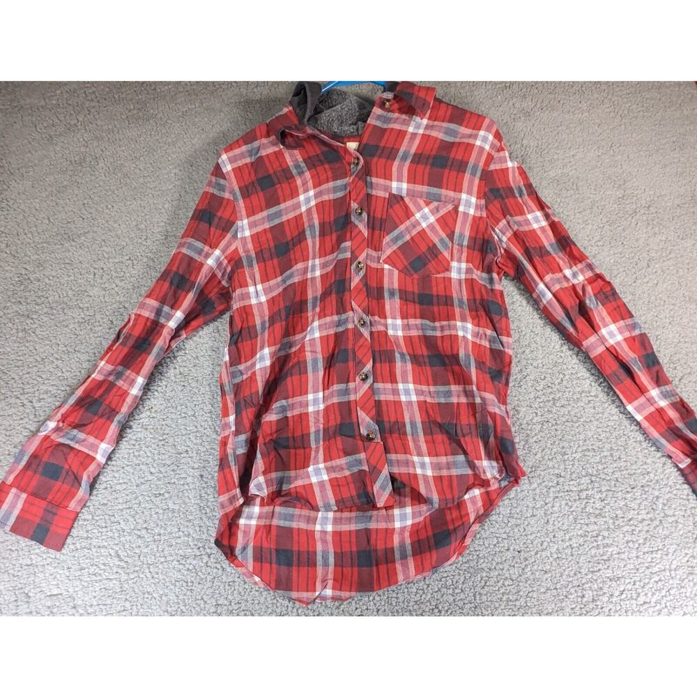 LA Hearts Hoodie Womens Size Small Red Plaid Button Down Long Sleeve Casual